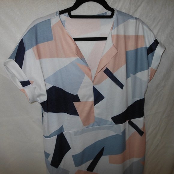 Abstract Geometric Print Tie-belt Dress Blue Pink White - Size XL - Picture 8 of 8